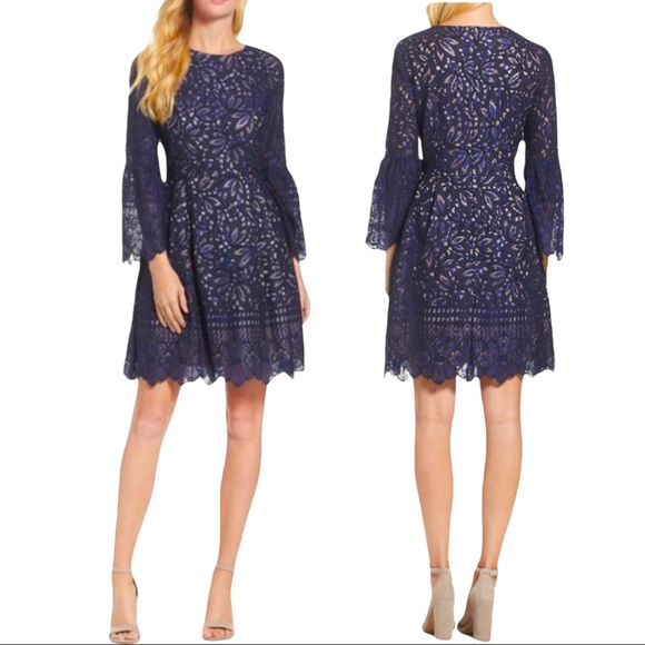 ELIZA J Bell Sleeve Fit & Flare Lace Dress in Navy and Nude